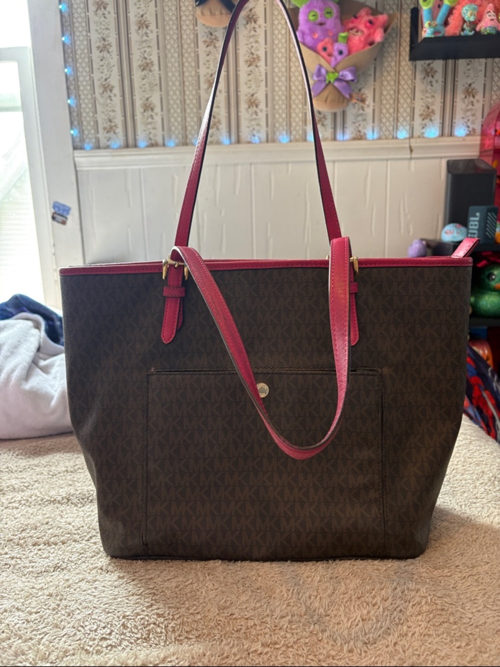 Michael Kors Brown Tote with Pink Trim and Straps